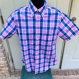 Brooks Brothers, Short Sleeve, Polo, Pink/Blue Plaid, Size Medium